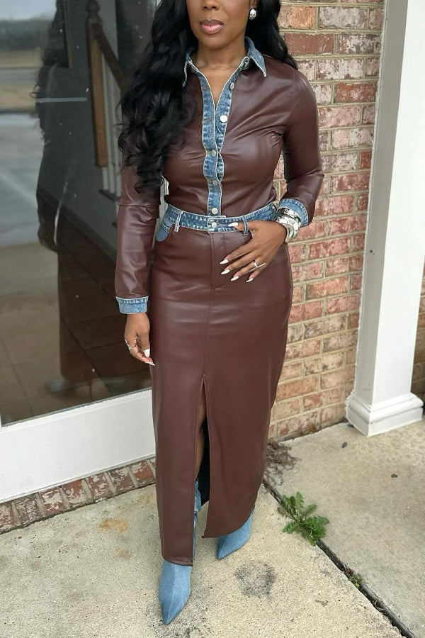 Fashionable Faux Leather Denim Two Piece Set