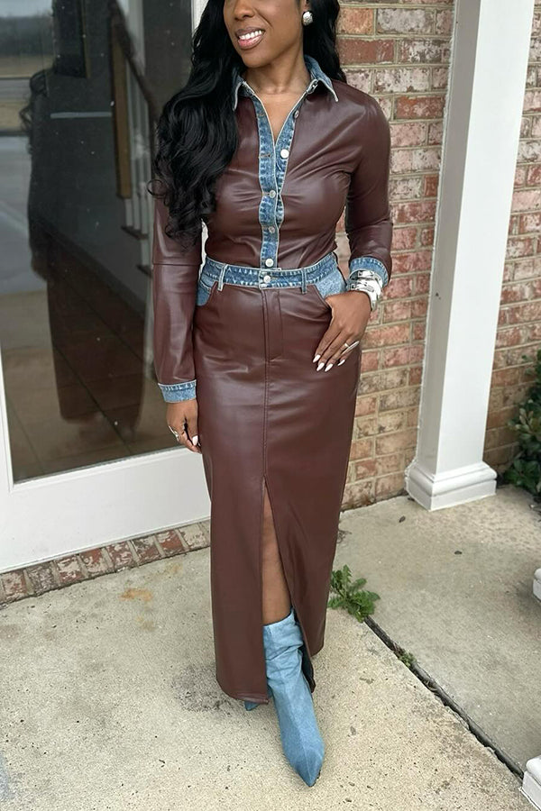 Fashionable Faux Leather Denim Two Piece Set