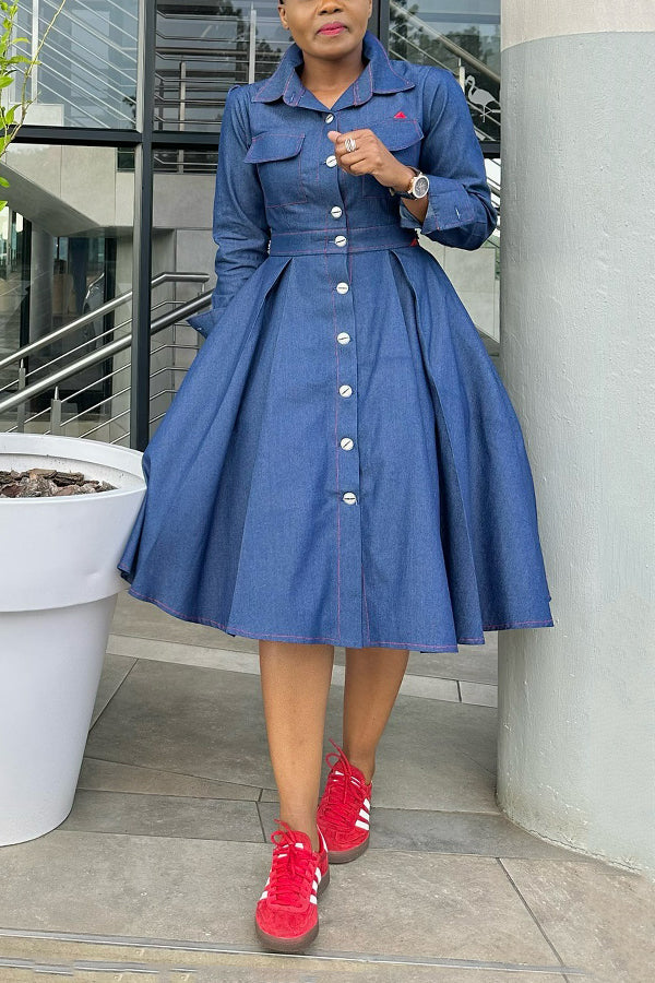 Fashionable Pleated Waist Denim Shirt Dress