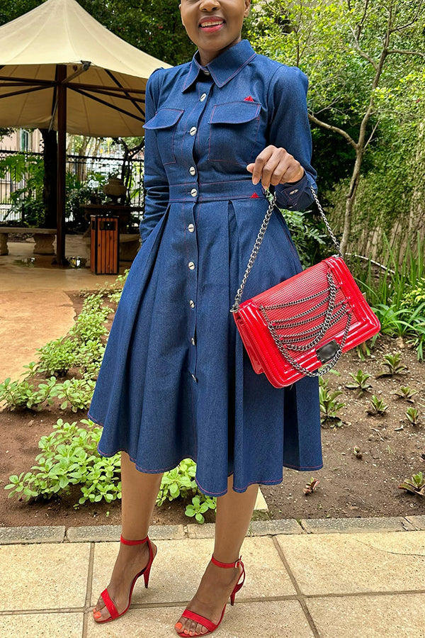 Fashionable Pleated Waist Denim Shirt Dress