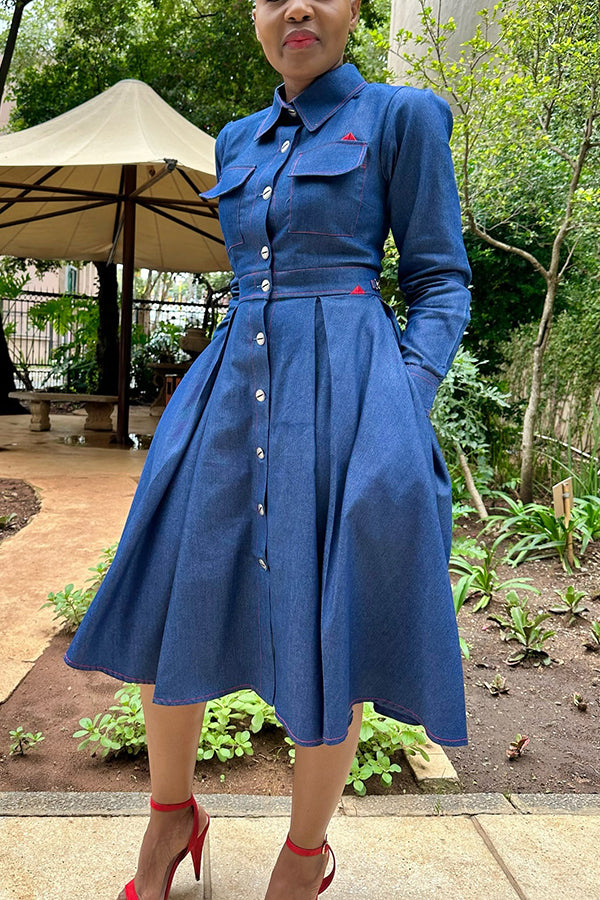 Fashionable Pleated Waist Denim Shirt Dress
