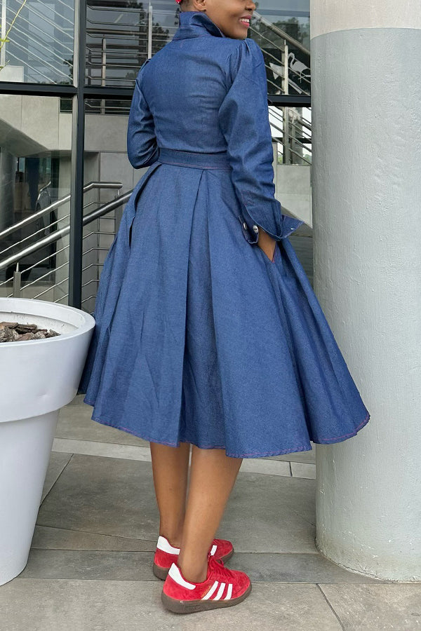 Fashionable Pleated Waist Denim Shirt Dress