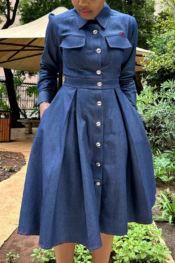 Fashionable Pleated Waist Denim Shirt Dress