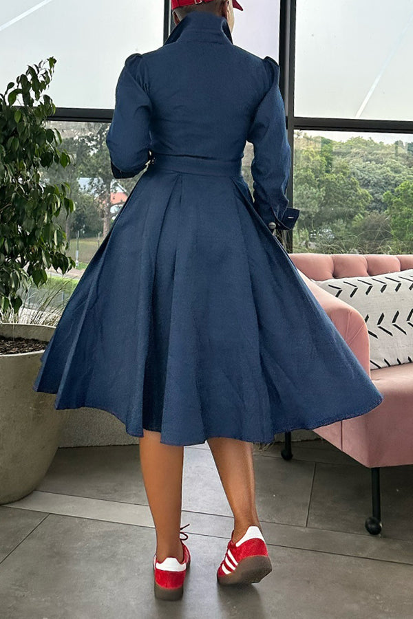 Fashionable Pleated Waist Denim Shirt Dress