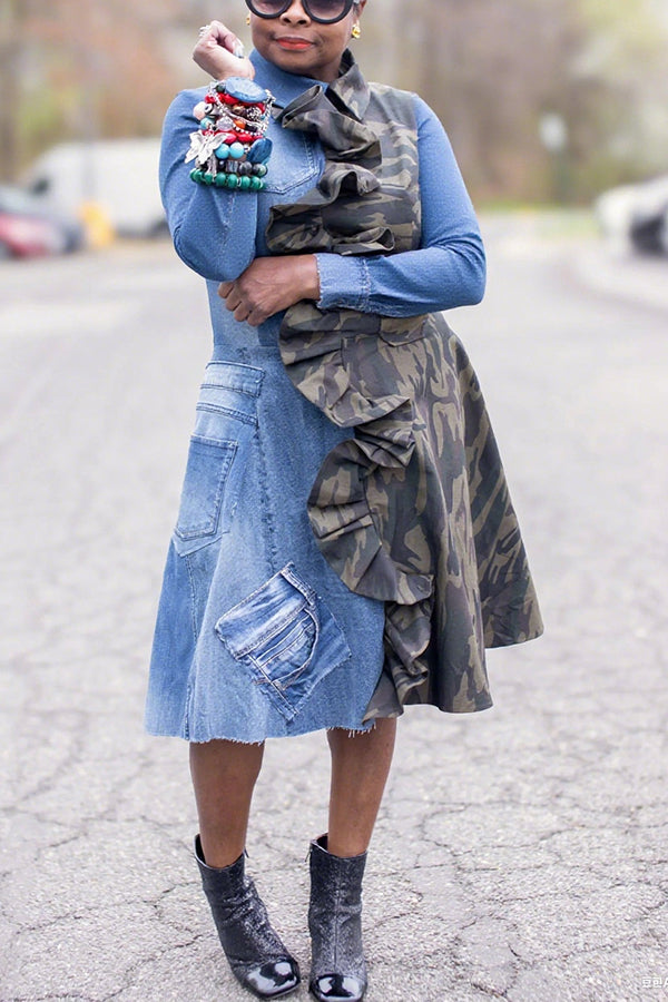Fashionable Camouflage Denim Patchwork Ruffled Dress