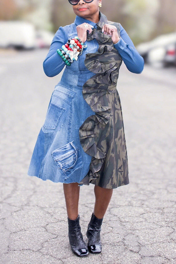 Fashionable Camouflage Denim Patchwork Ruffled Dress
