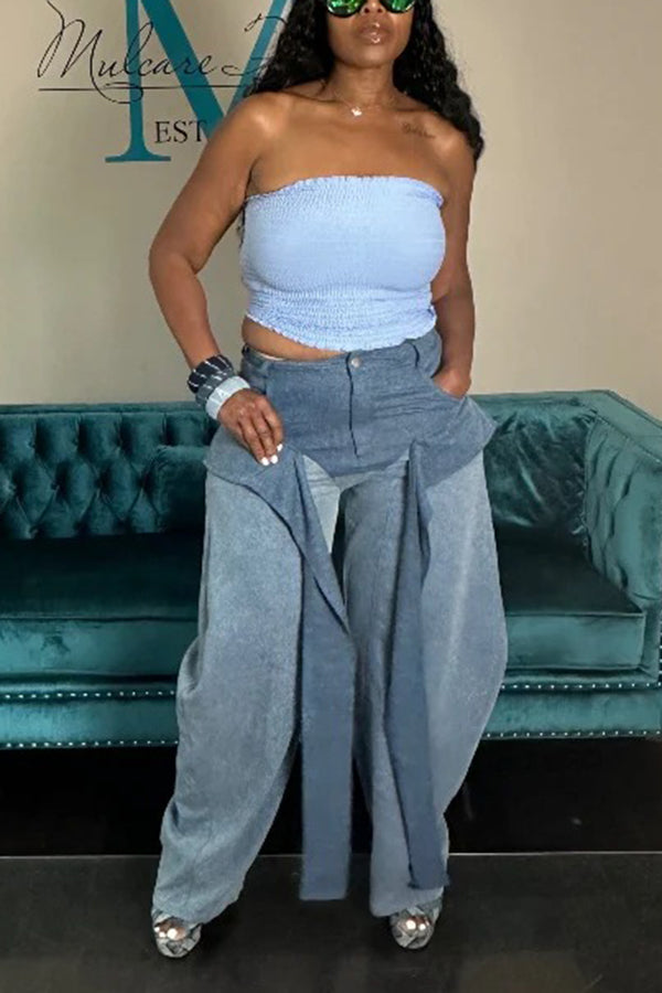 Fashionable Colorblock Tassel Wide-Leg Jeans