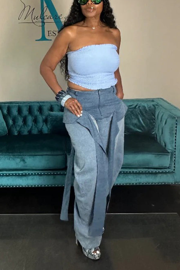 Fashionable Colorblock Tassel Wide-Leg Jeans