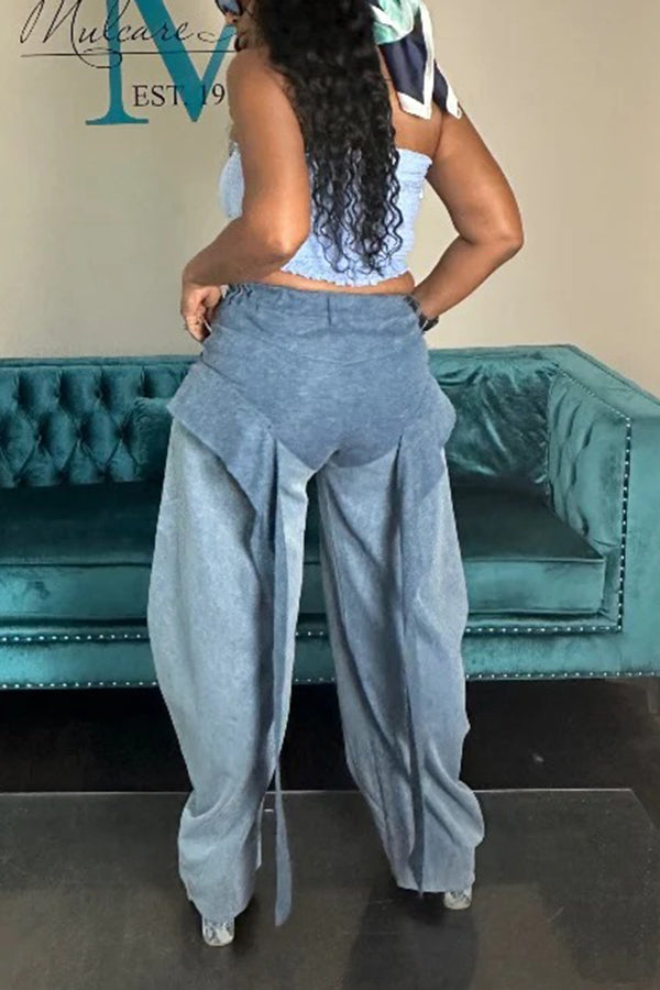 Fashionable Colorblock Tassel Wide-Leg Jeans