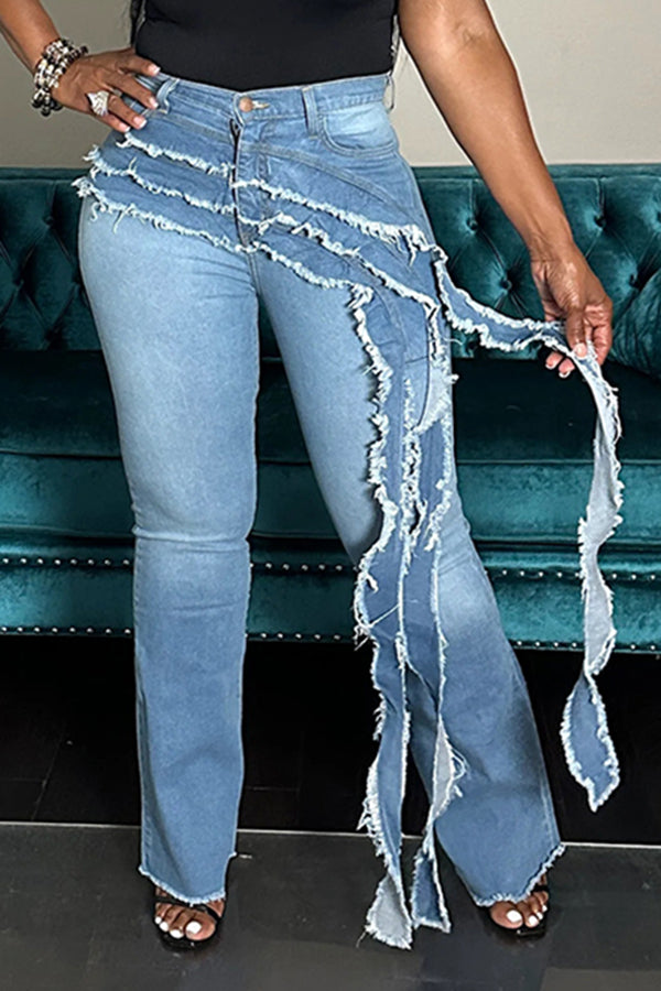 Fashionable Layered Ruffle Tassel Flared Jeans