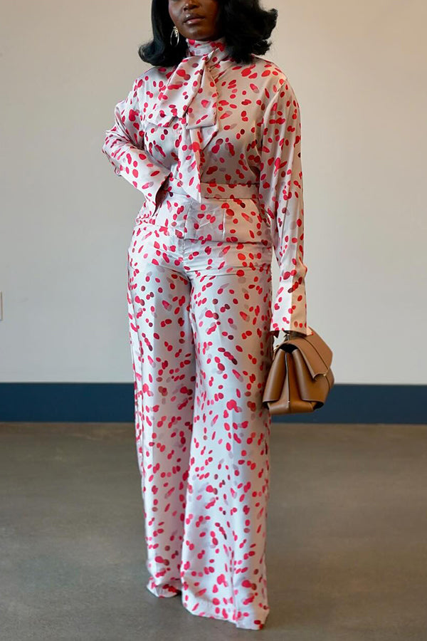 Stylish Spotted Tie Shirt & Wide-Leg Pants