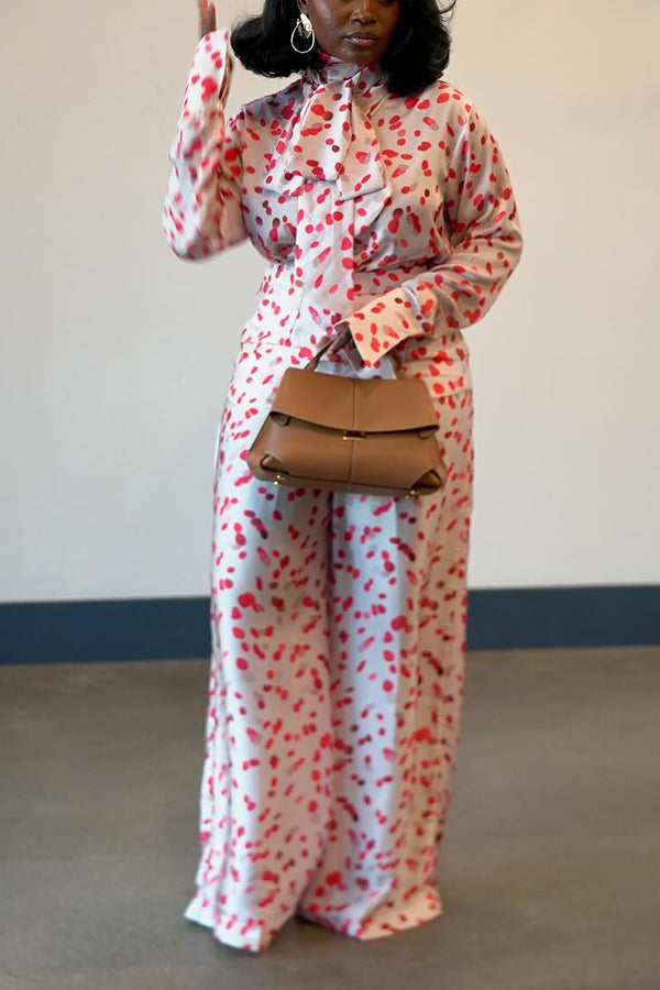 Stylish Spotted Tie Shirt & Wide-Leg Pants