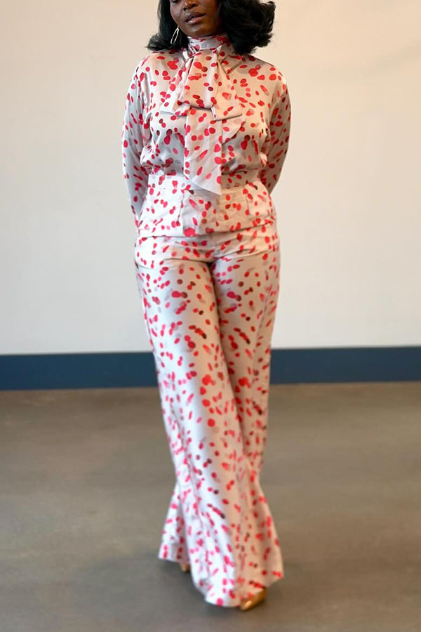 Stylish Spotted Tie Shirt & Wide-Leg Pants