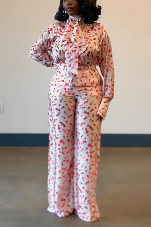 Stylish Spotted Tie Shirt & Wide-Leg Pants