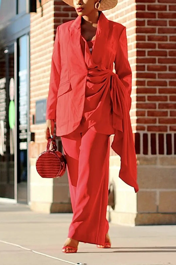 Stylish Irregular Draped Blazer & Wide-Leg Pants