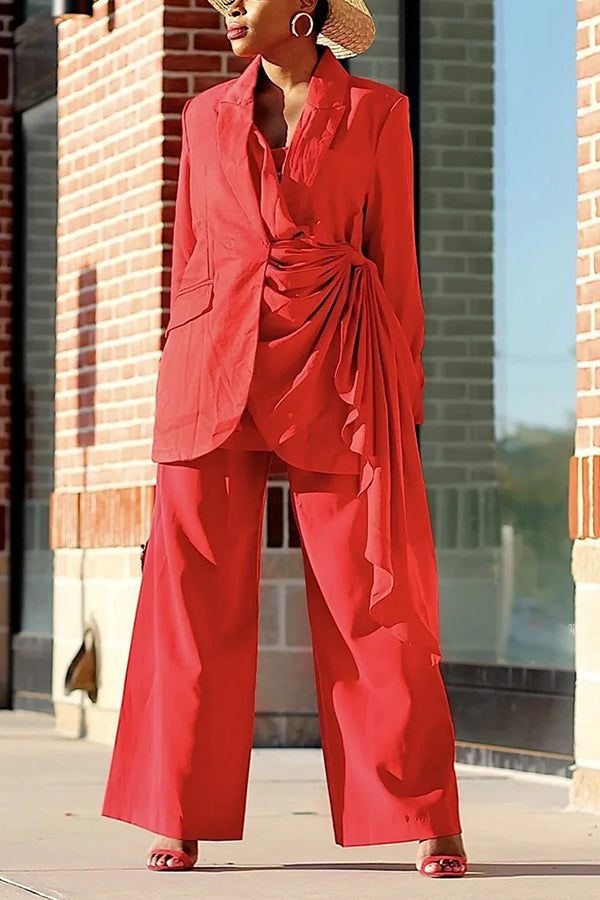 Stylish Irregular Draped Blazer & Wide-Leg Pants