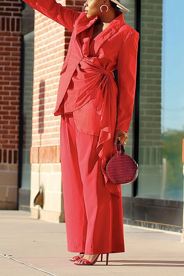 Stylish Irregular Draped Blazer & Wide-Leg Pants