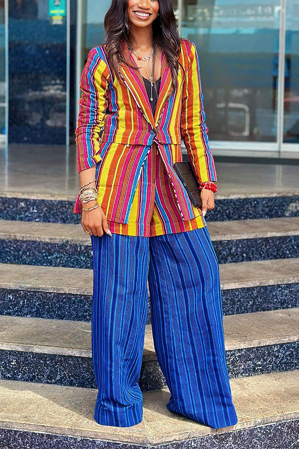 Fashionable Multi-Color Striped Blazer & Patchwork Wide-Leg Pants