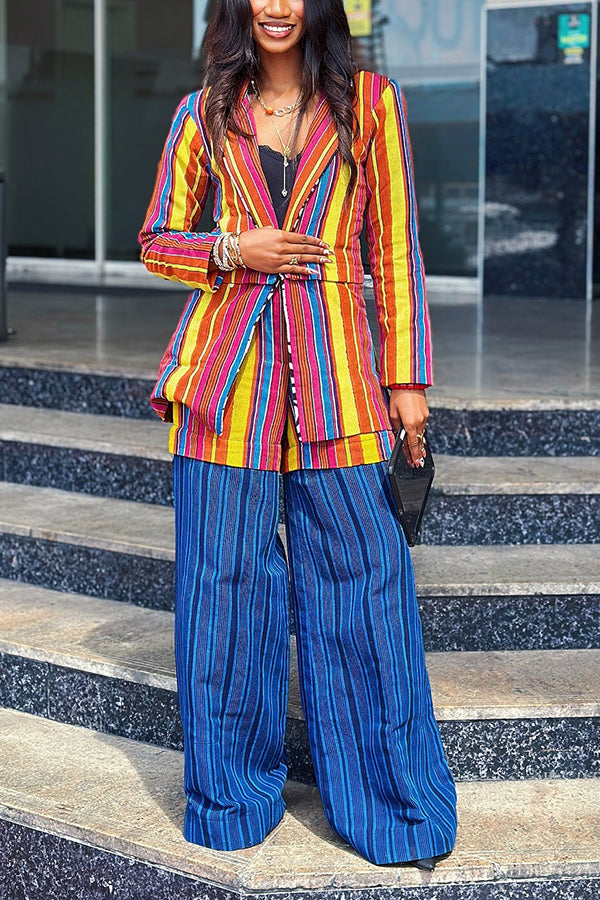 Fashionable Multi-Color Striped Blazer & Patchwork Wide-Leg Pants