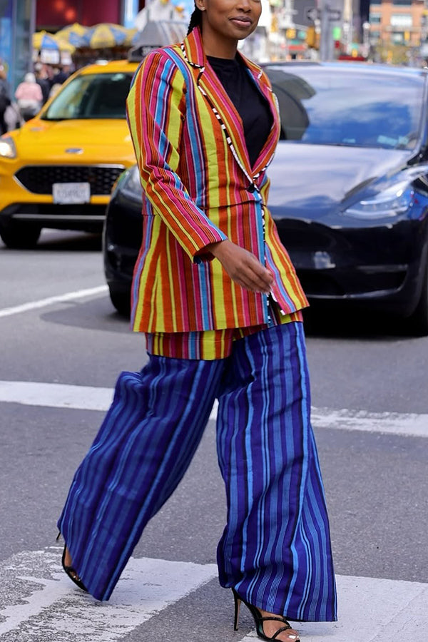 Fashionable Multi-Color Striped Blazer & Patchwork Wide-Leg Pants