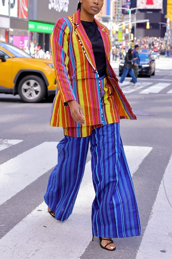 Fashionable Multi-Color Striped Blazer & Patchwork Wide-Leg Pants