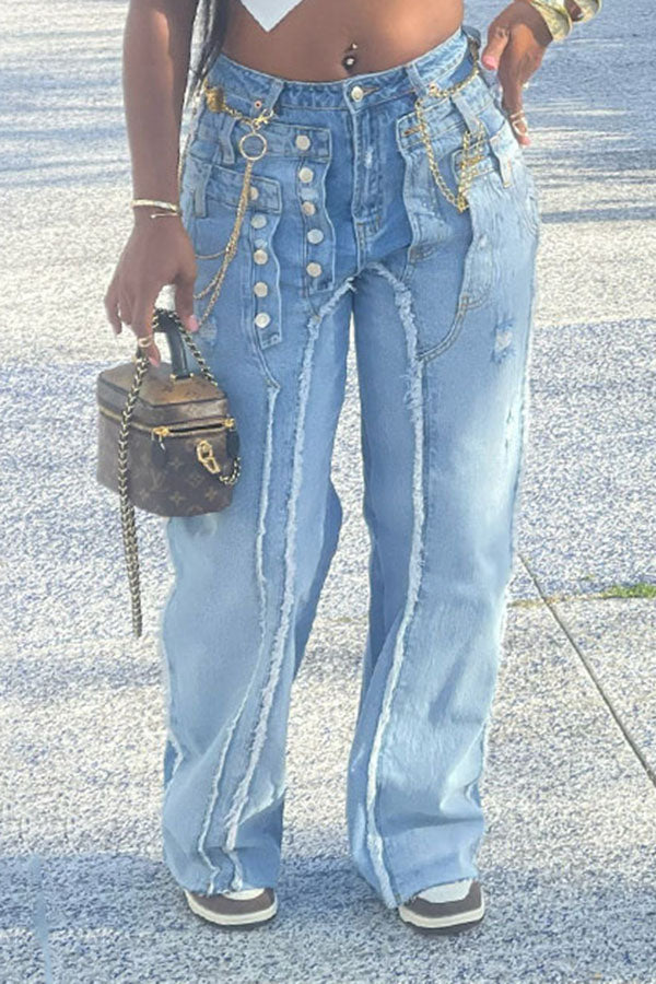 Fashion Ripped Layered Button Jeans