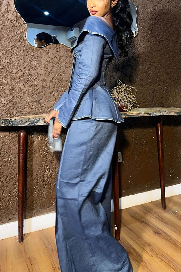 Fashionable Ruffled One-Shoulder Shirt & Flared Jeans