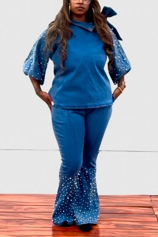 Fashionable Pearl-Embellished Bow Tie Denim Suit