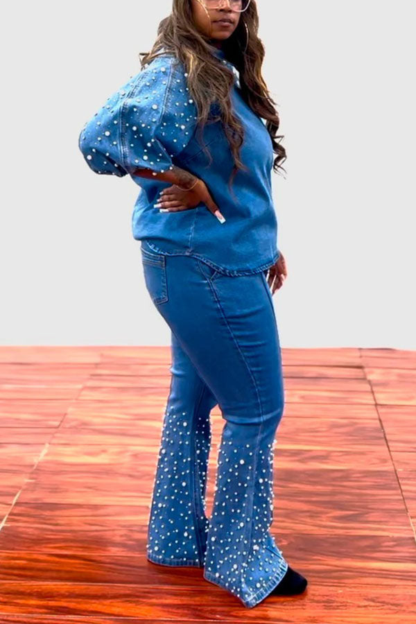 Fashionable Pearl-Embellished Bow Tie Denim Suit
