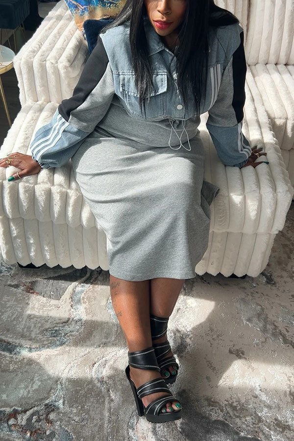 Fashionable Denim Patchwork Colorblock Sweatshirt Dress