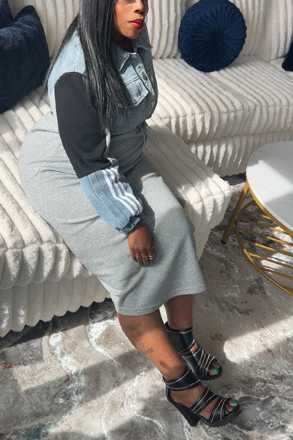 Fashionable Denim Patchwork Colorblock Sweatshirt Dress