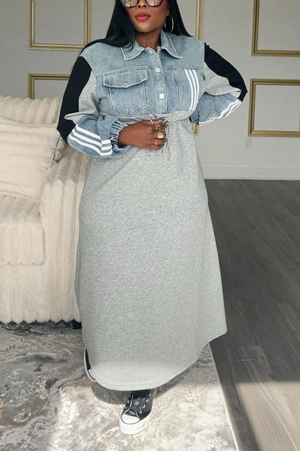 Fashionable Denim Patchwork Colorblock Sweatshirt Dress