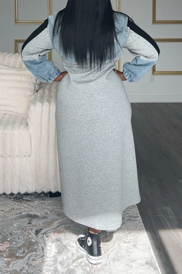 Fashionable Denim Patchwork Colorblock Sweatshirt Dress