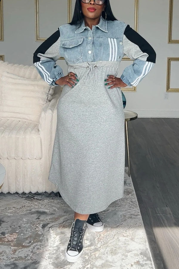 Fashionable Denim Patchwork Colorblock Sweatshirt Dress