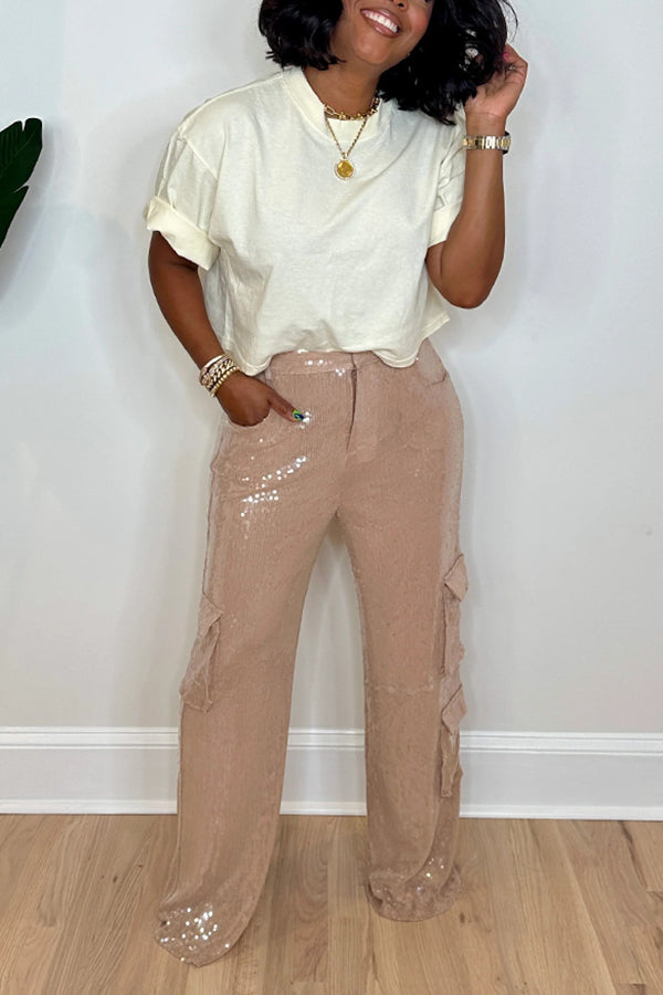 Fashionable High-Waisted Sequin Cargo Pants
