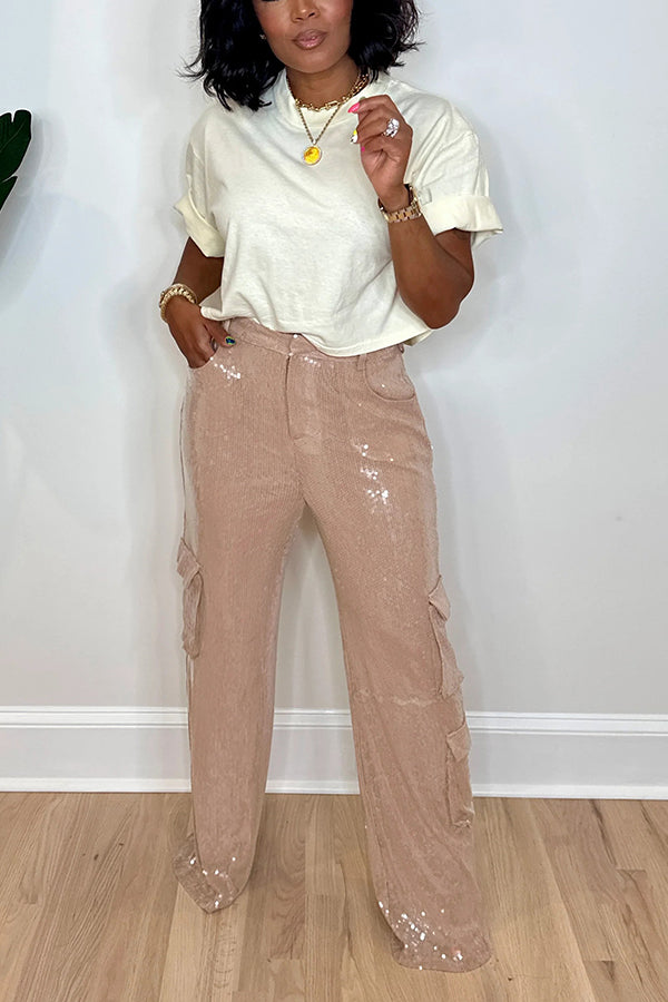 Fashionable High-Waisted Sequin Cargo Pants