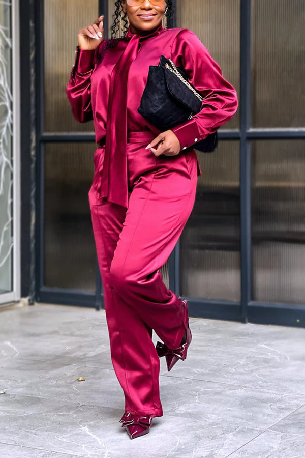 Stylish Satin Tie Shirt & Wide-Leg Pants