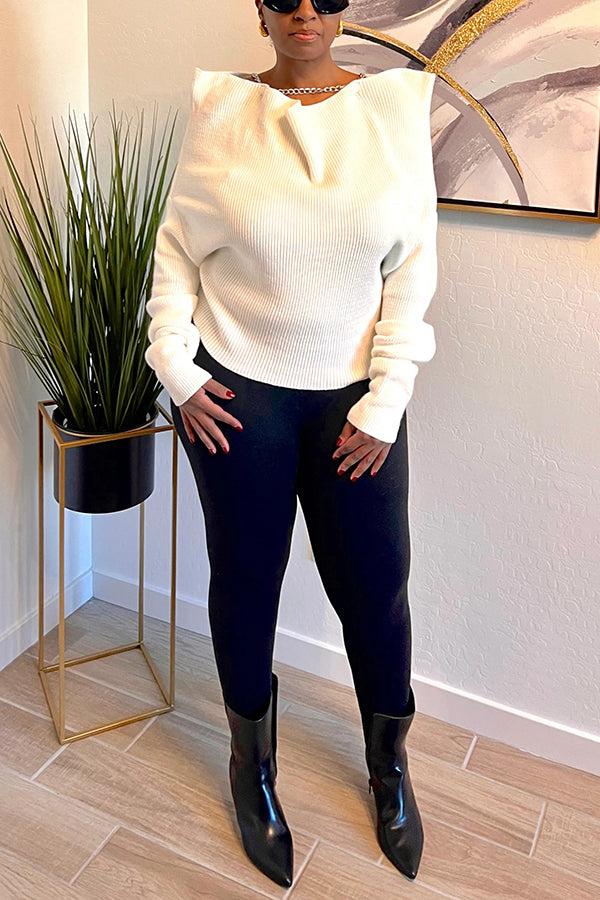 Bold Ruffle Shoulder Ribbed Sweater