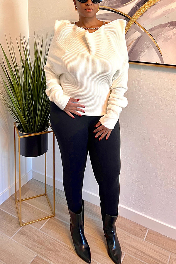 Bold Ruffle Shoulder Ribbed Sweater