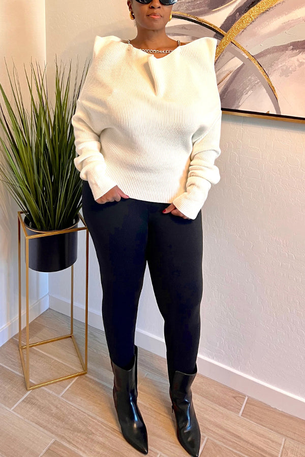 Bold Ruffle Shoulder Ribbed Sweater