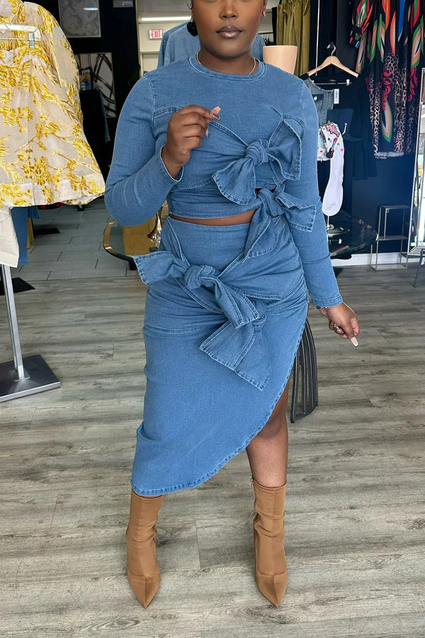 Fashionable Bow Tie Denim Skirt Set
