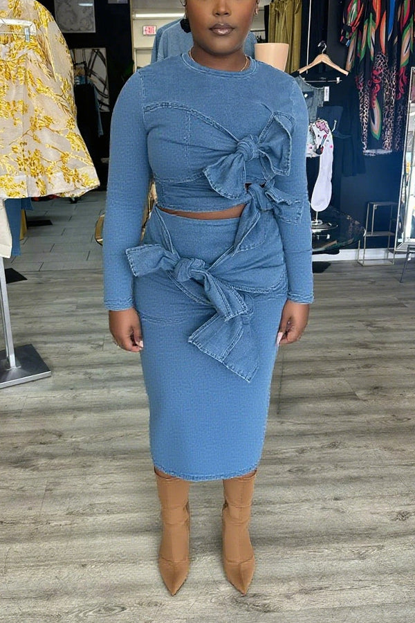 Fashionable Bow Tie Denim Skirt Set