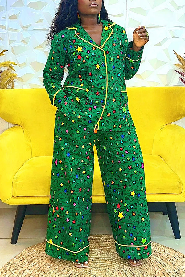 Fashion Piping Multicolor Star Print Trousers Set