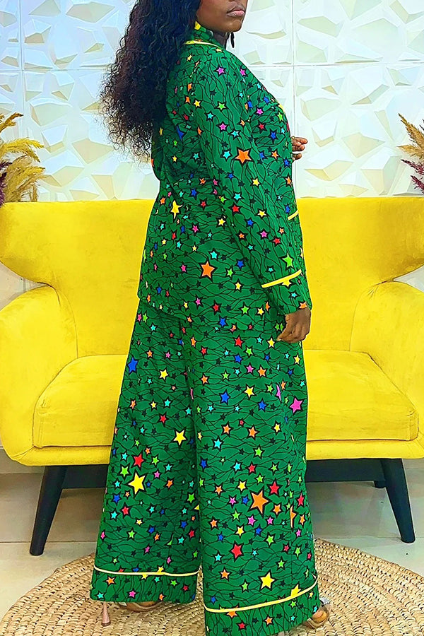 Fashion Piping Multicolor Star Print Trousers Set