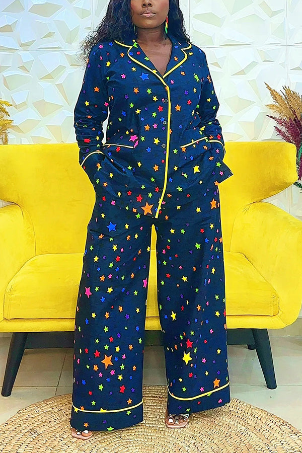 Fashion Piping Multicolor Star Print Trousers Set