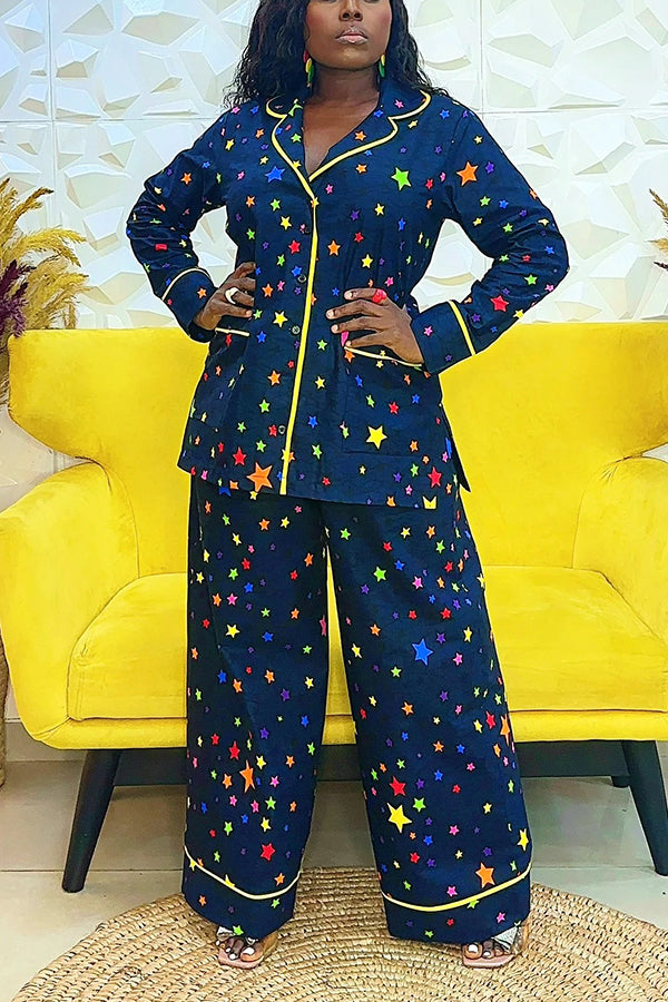 Fashion Piping Multicolor Star Print Trousers Set