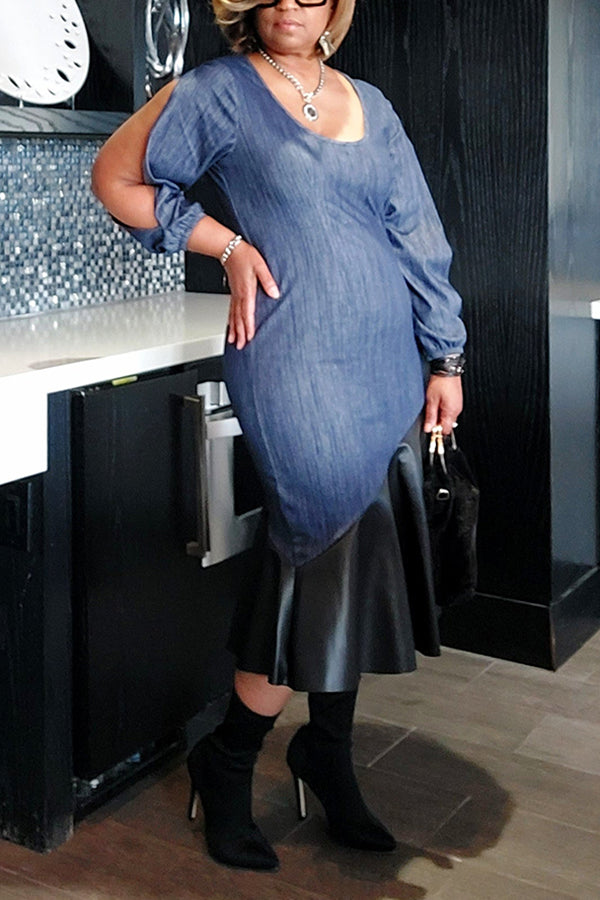 Fashionable Denim Leather Patchwork Slit Sleeve Dress