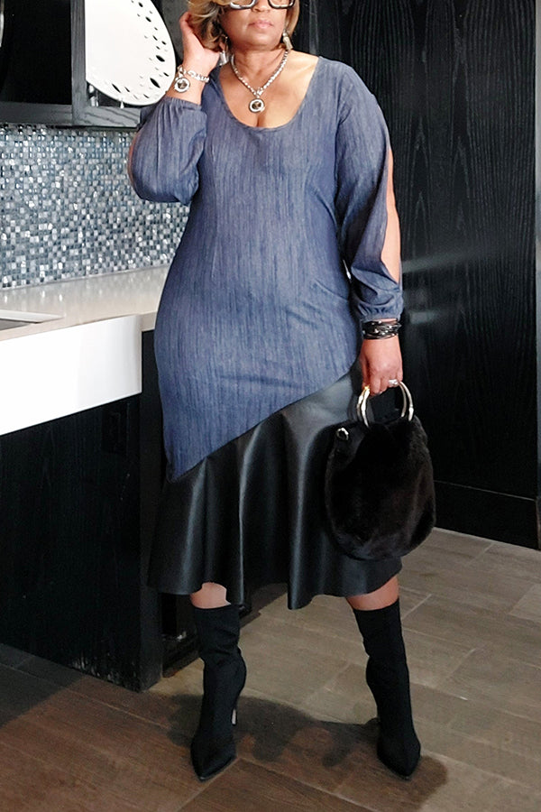 Fashionable Denim Leather Patchwork Slit Sleeve Dress