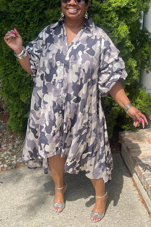 Fashionable Pleated Sleeve High-Low Camouflage Dress