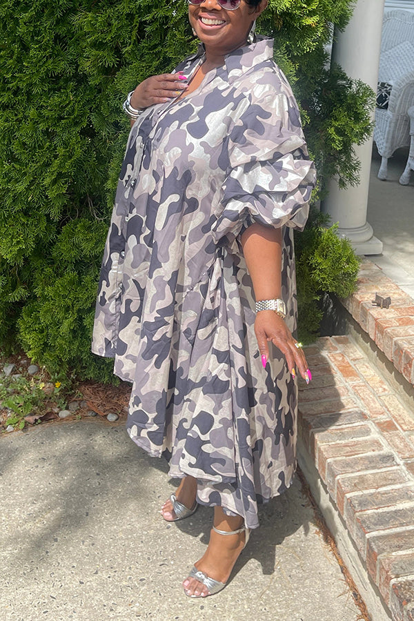Fashionable Pleated Sleeve High-Low Camouflage Dress